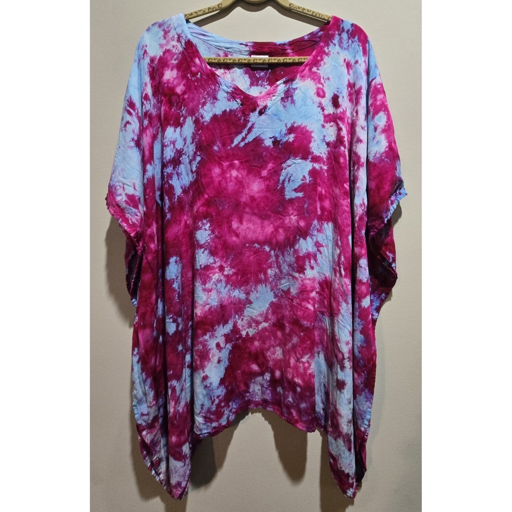 Dharma Trading Co Tie Dye Poncho Tunic One Size Rayon Pink Blue Boho Kaftan